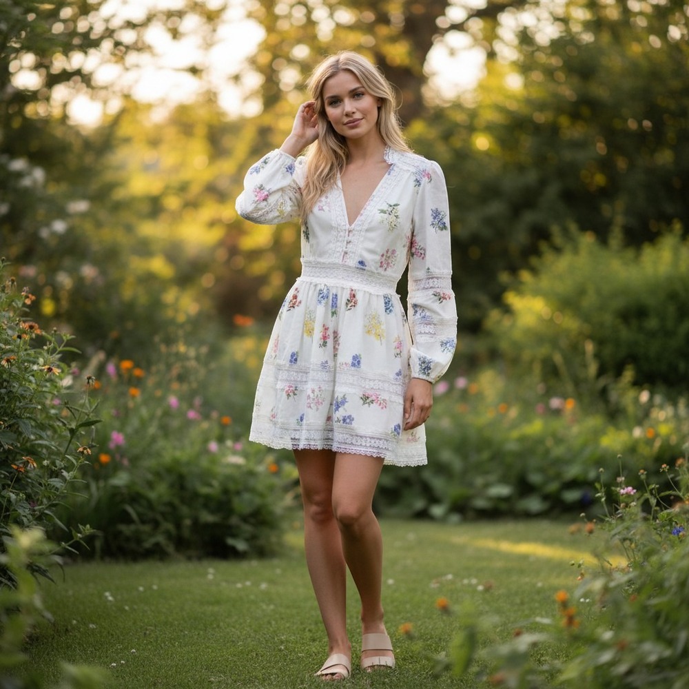INA Floral Lace Trim Long Sleeve Mini Dress White Cottagecore IDM11183 Size L